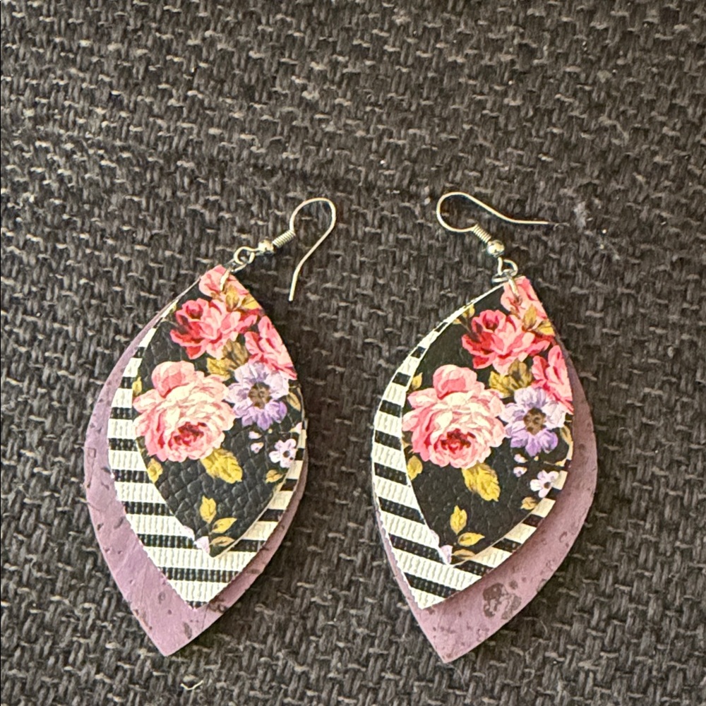 Floral Layered Earrings with Purple and Black Accents